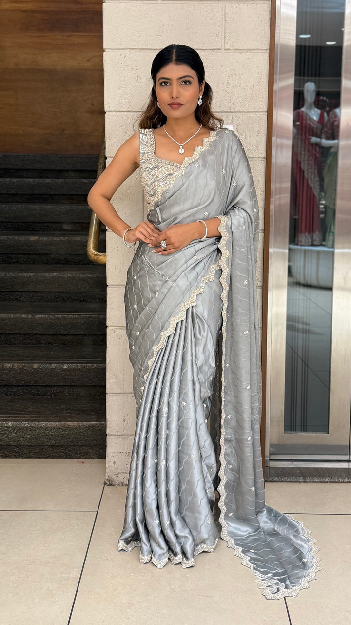 Steel Grey Soft Satin Saree with Delicate Embroidery & Scalloped Border