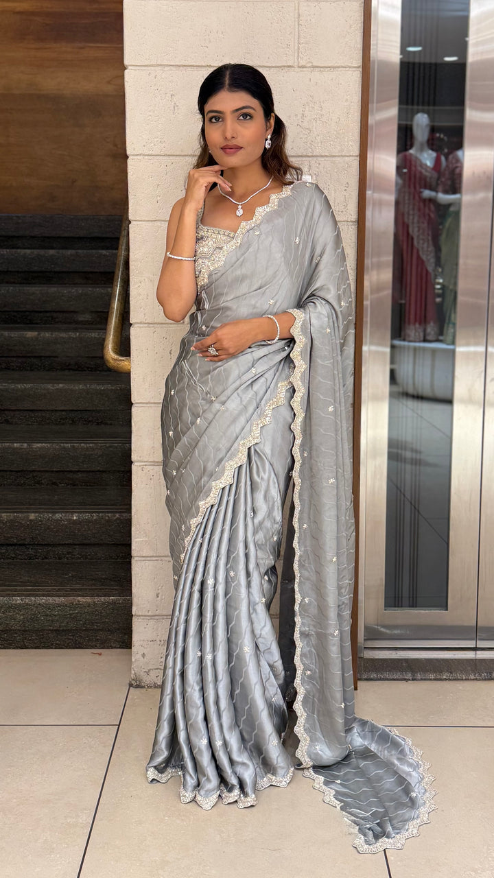 Steel Grey Soft Satin Saree with Delicate Embroidery & Scalloped Border