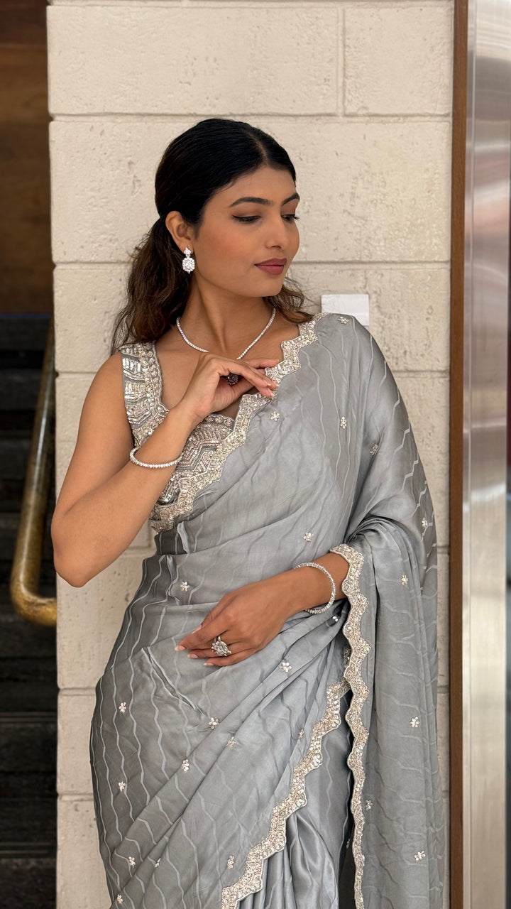 Steel Grey Soft Satin Saree with Delicate Embroidery & Scalloped Border