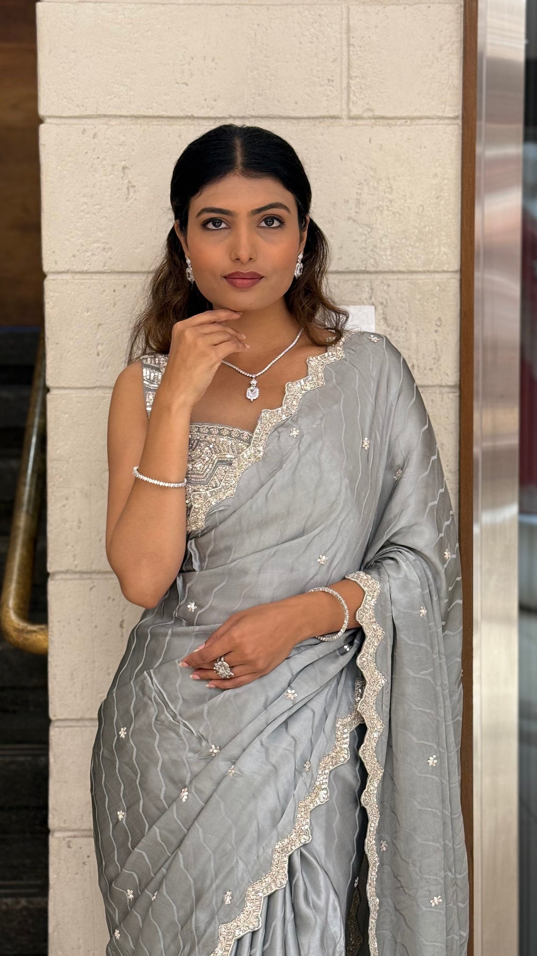 Steel Grey Soft Satin Saree with Delicate Embroidery & Scalloped Border