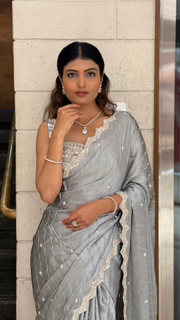 Steel Grey Soft Satin Saree with Delicate Embroidery & Scalloped Border