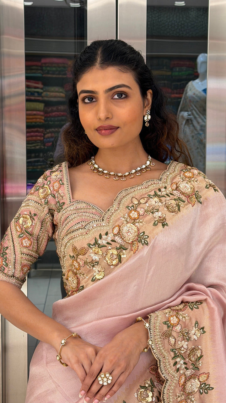 Blush Pink Floral Handwork Saree with Designer Embroidered Blouse