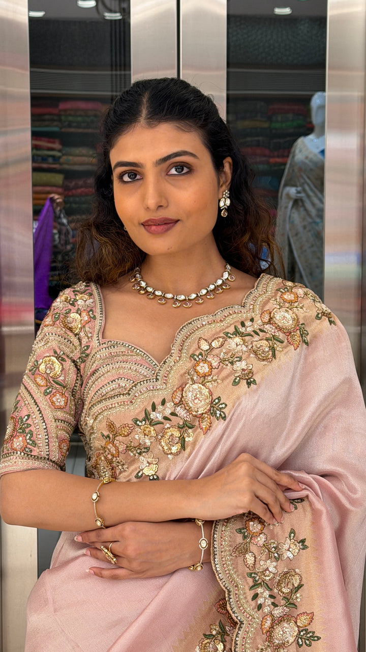 Blush Pink Floral Handwork Saree with Designer Embroidered Blouse