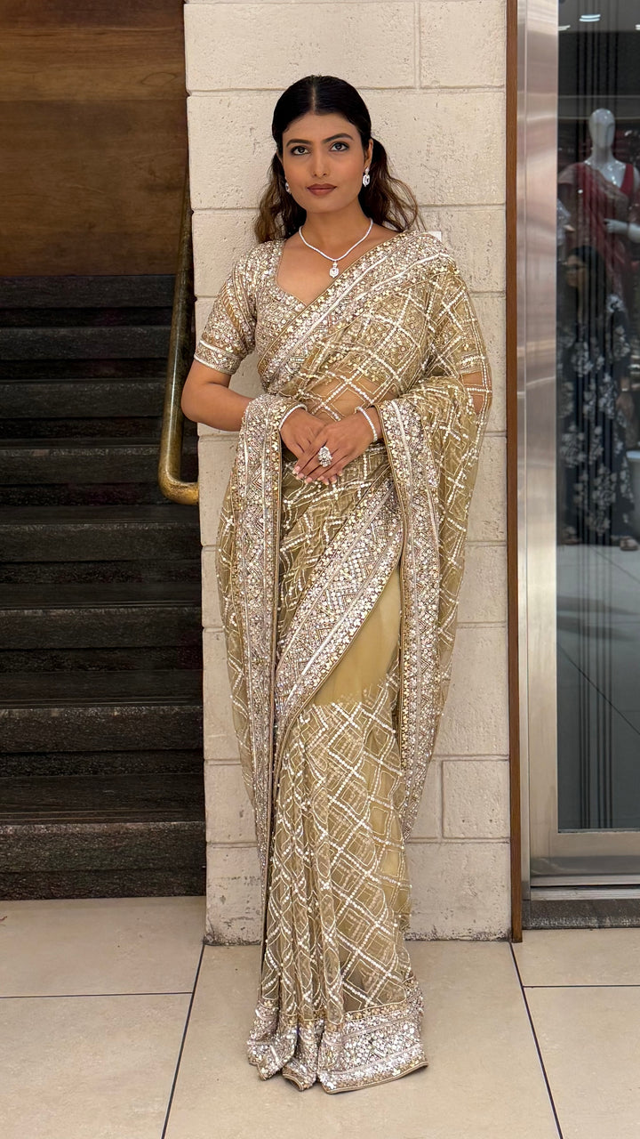 Champagne Gold Heavy Embroidered Net Saree with Matching Blouse