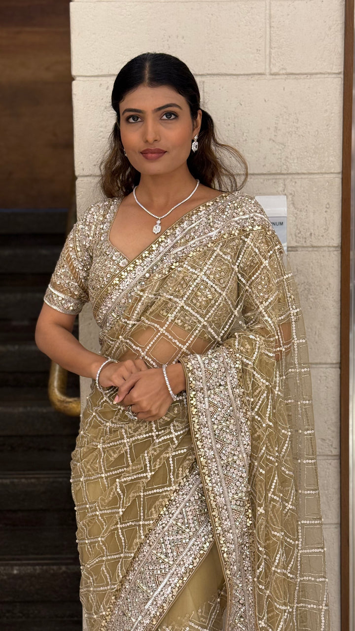 Champagne Gold Heavy Embroidered Net Saree with Matching Blouse