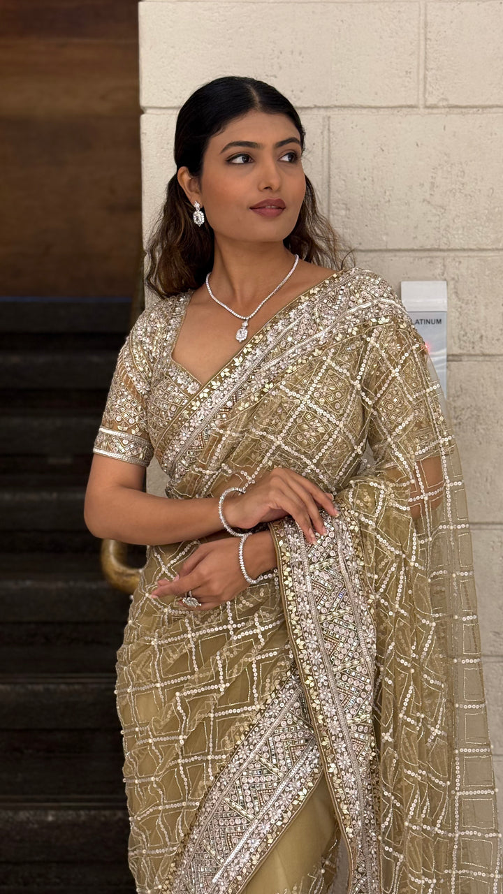 Champagne Gold Heavy Embroidered Net Saree with Matching Blouse