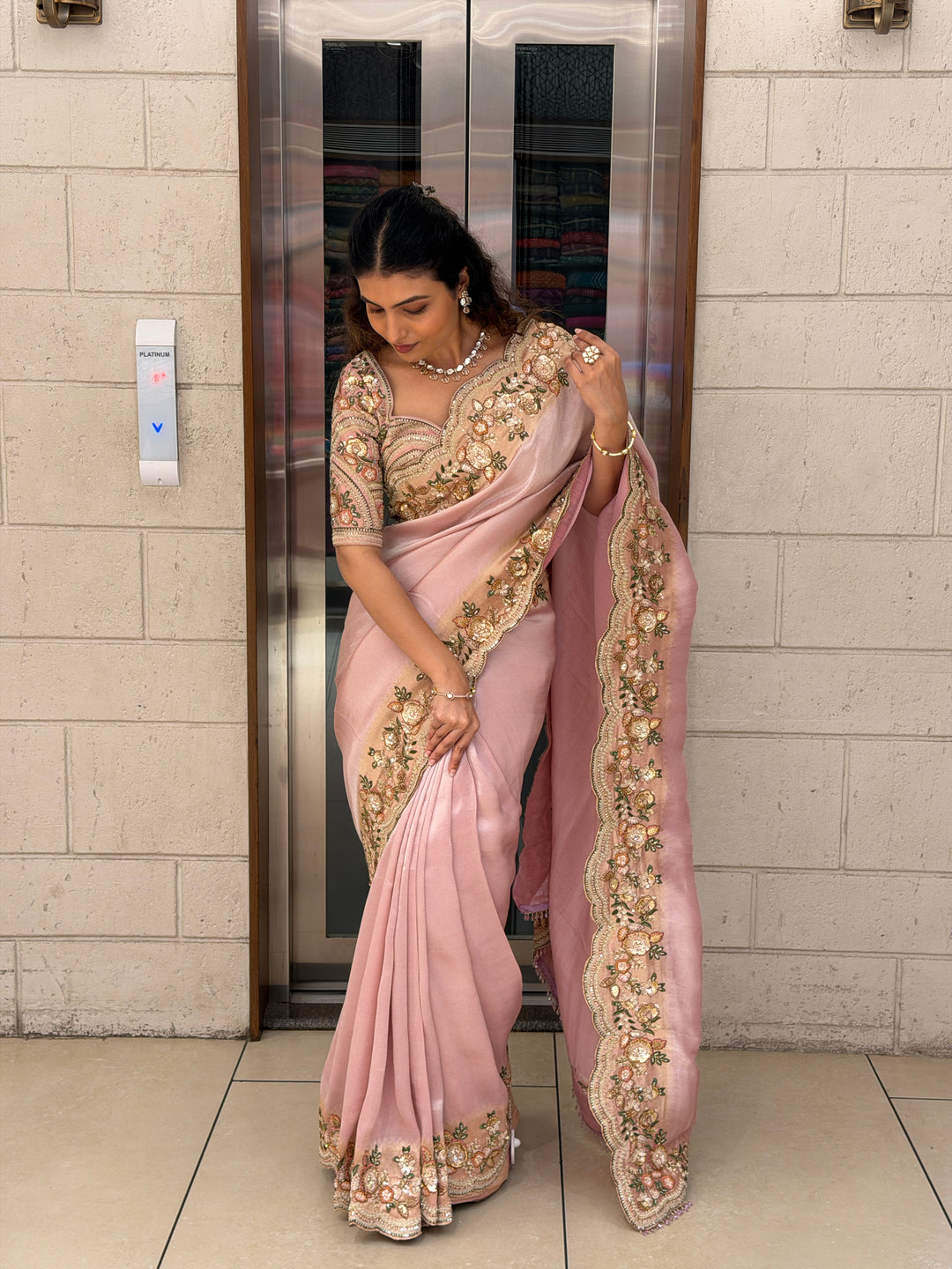 Blush Pink Floral Handwork Saree with Designer Embroidered Blouse