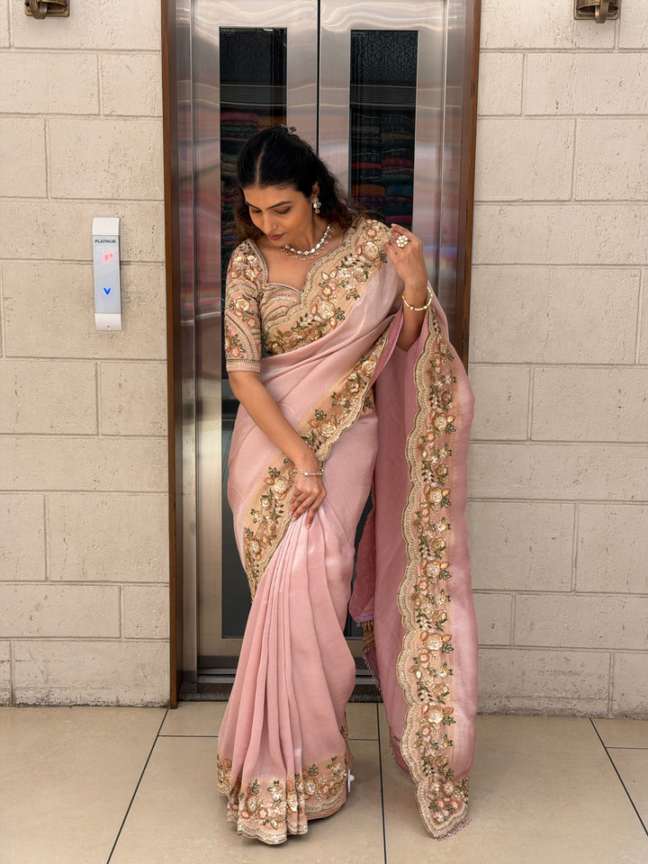 Blush Pink Floral Handwork Saree with Designer Embroidered Blouse