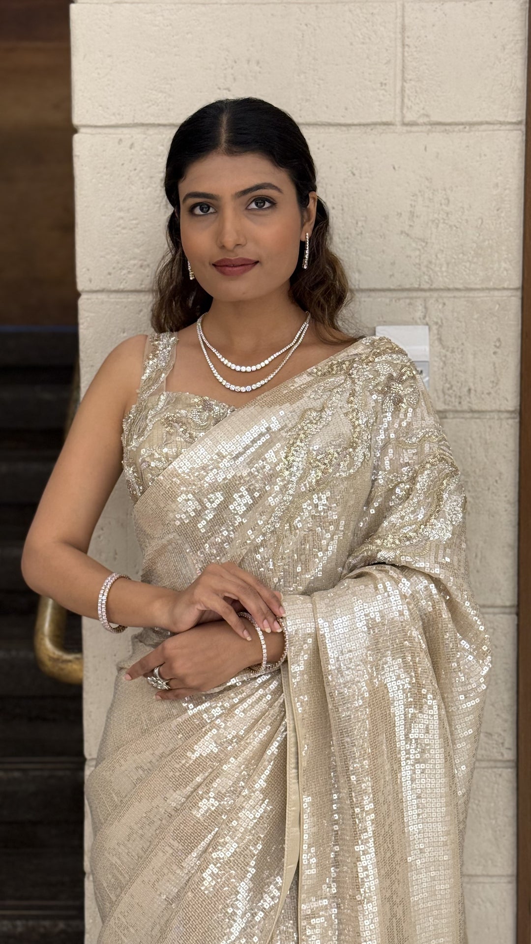 Ivory Champagne Heavy Sequin Embroidered Designer Saree