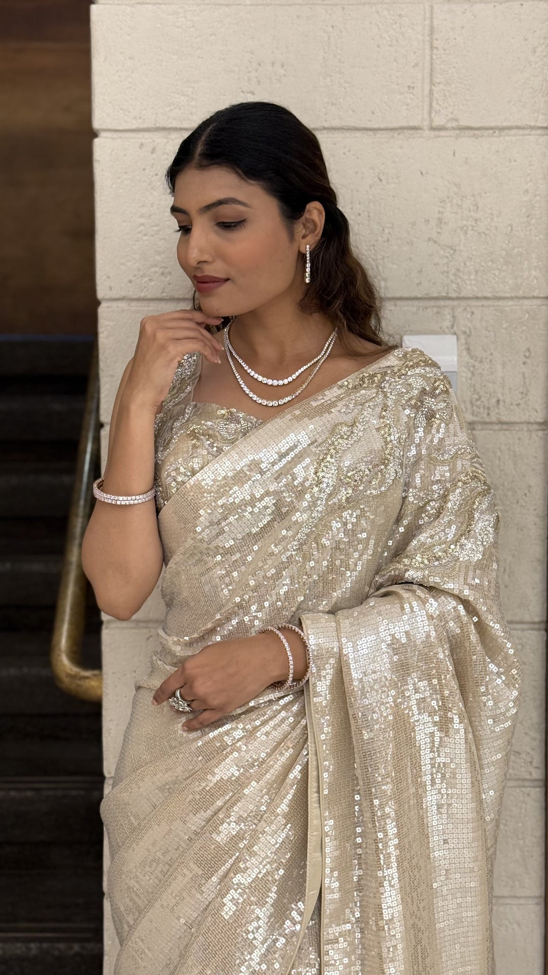 Ivory Champagne Heavy Sequin Embroidered Designer Saree