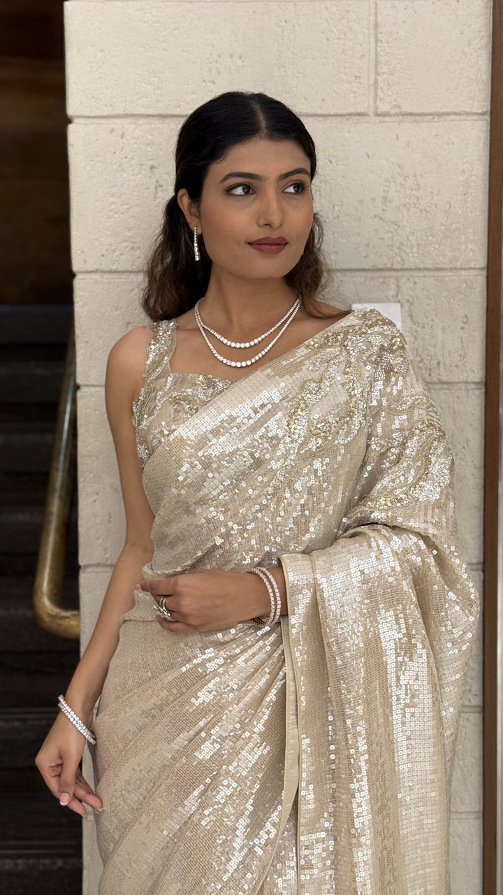 Ivory Champagne Heavy Sequin Embroidered Designer Saree