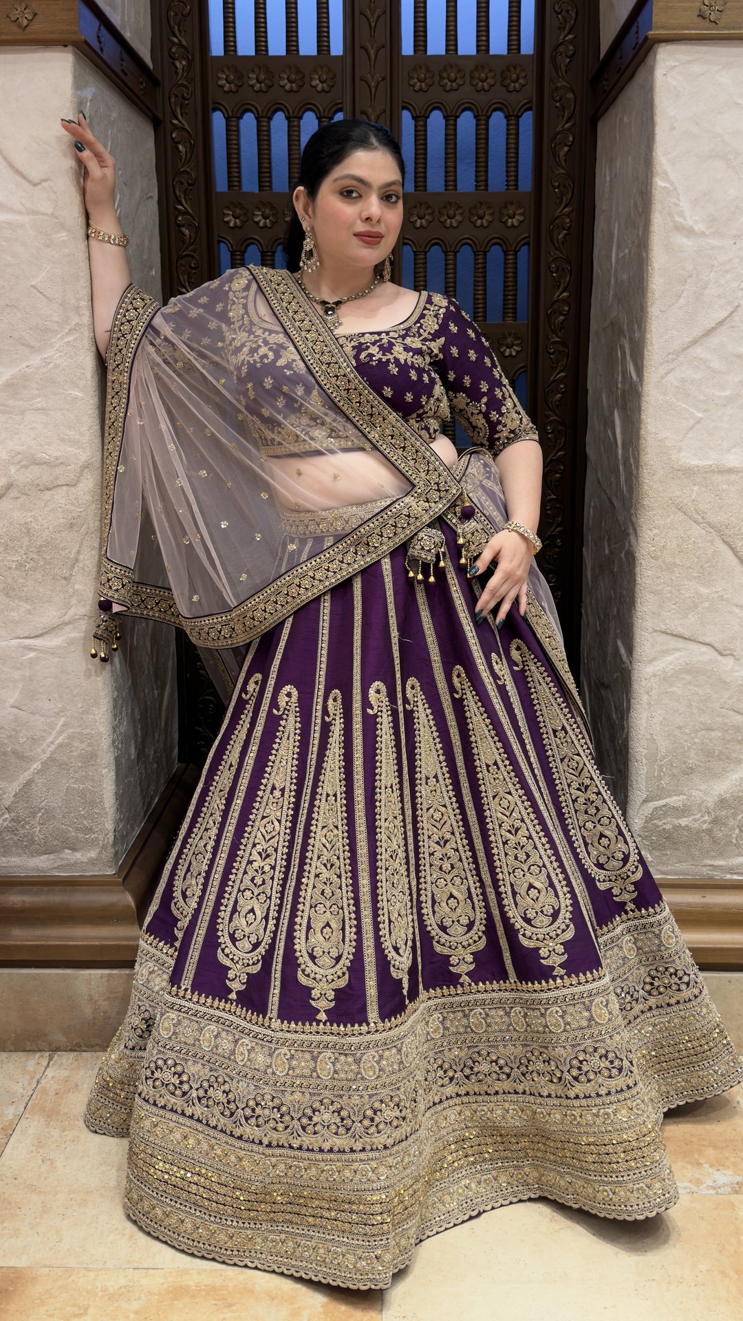 Royal Purple Embroidered Bridal Lehenga Set with Net Dupatta & Heavy Zari Work