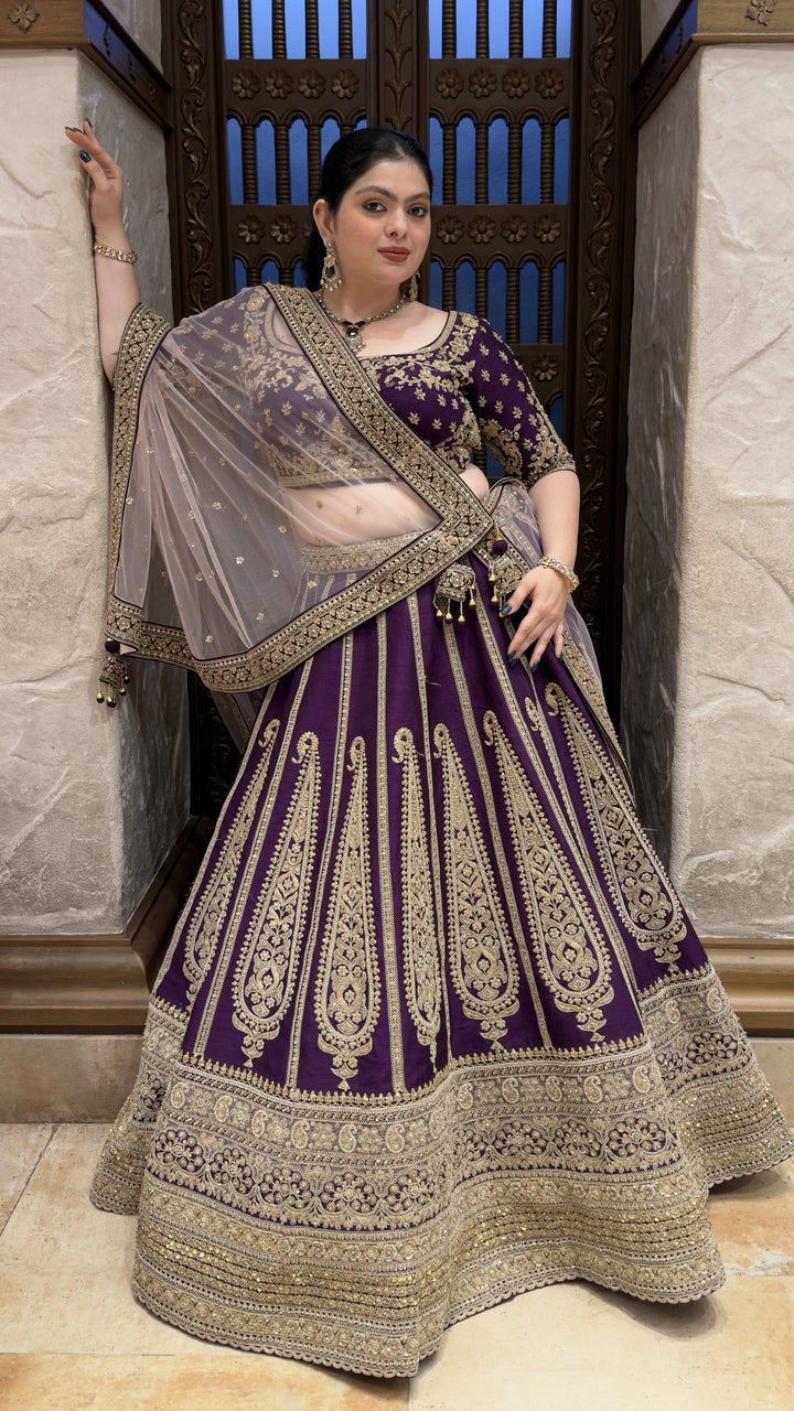 Royal Purple Embroidered Bridal Lehenga Set with Net Dupatta & Heavy Zari Work