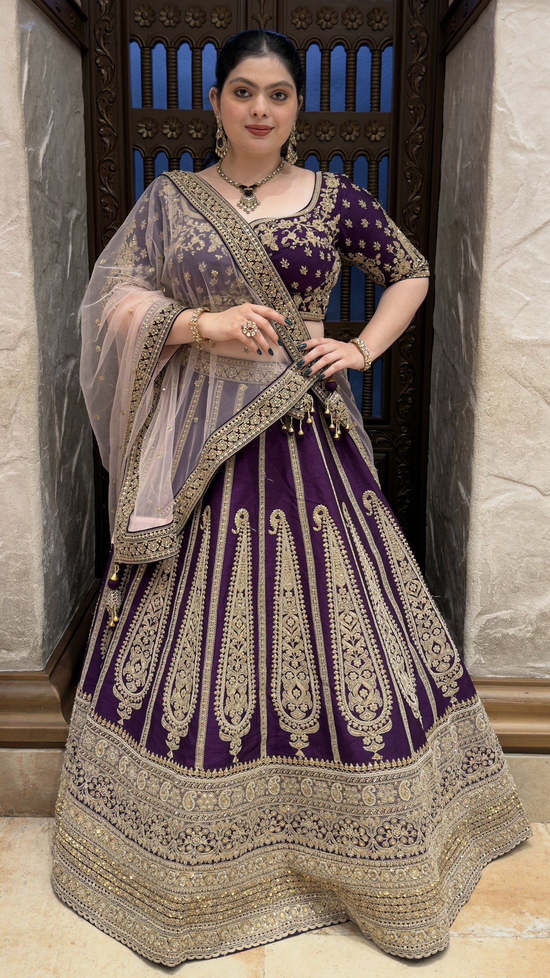 Royal Purple Embroidered Bridal Lehenga Set with Net Dupatta & Heavy Zari Work