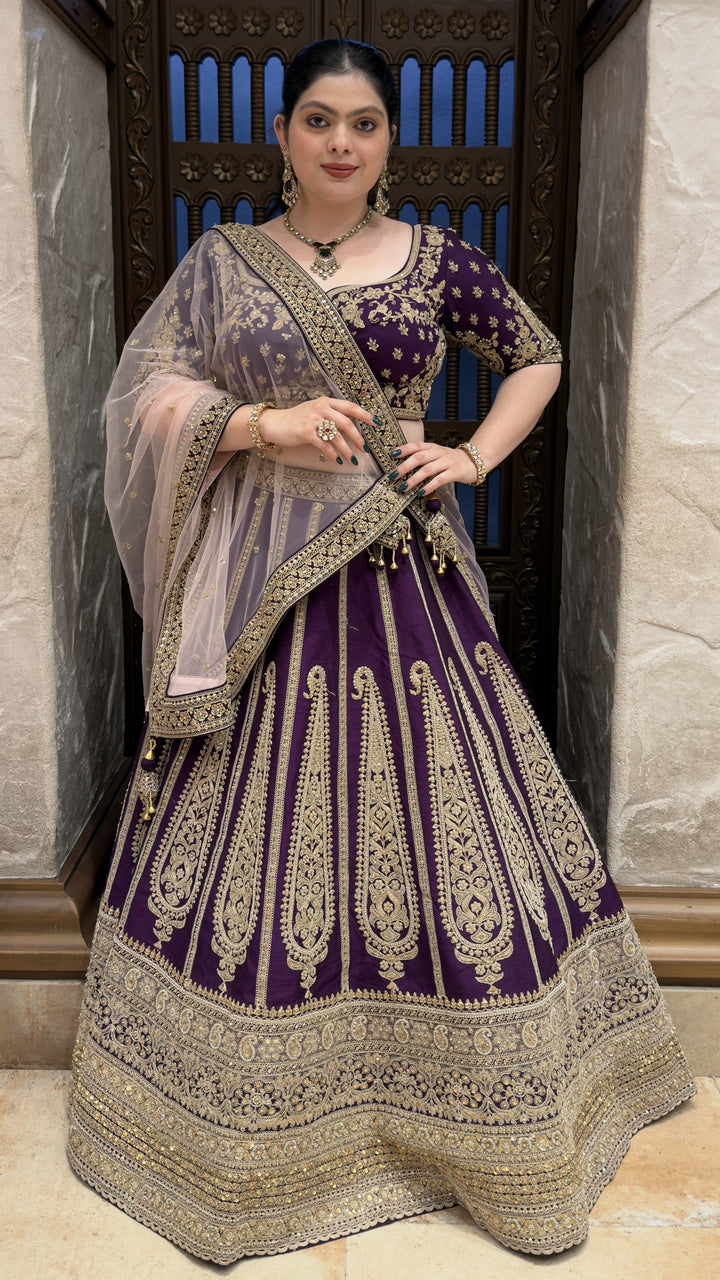 Royal Purple Embroidered Bridal Lehenga Set with Net Dupatta & Heavy Zari Work