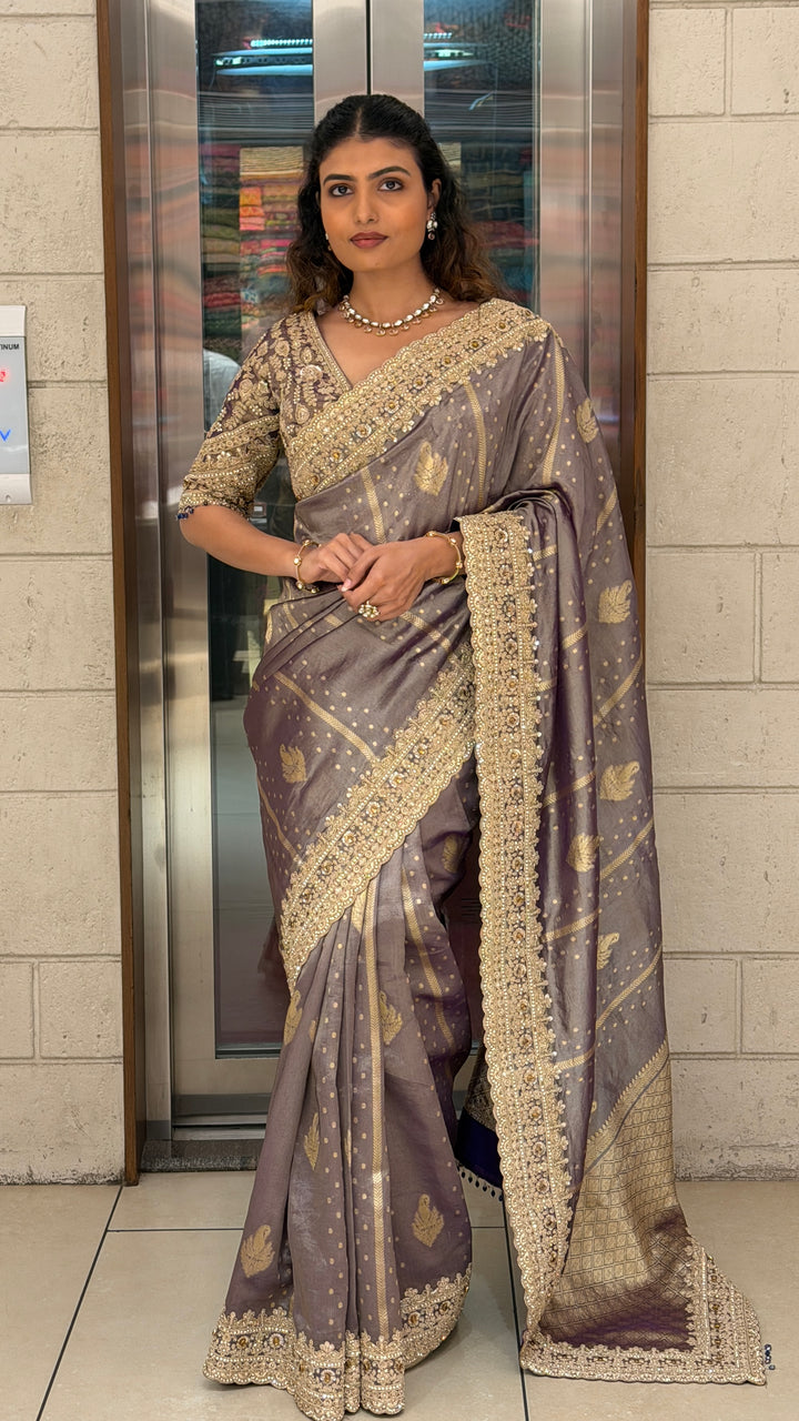 Mauve Handwork Saree with Designer Embroidered Blouse