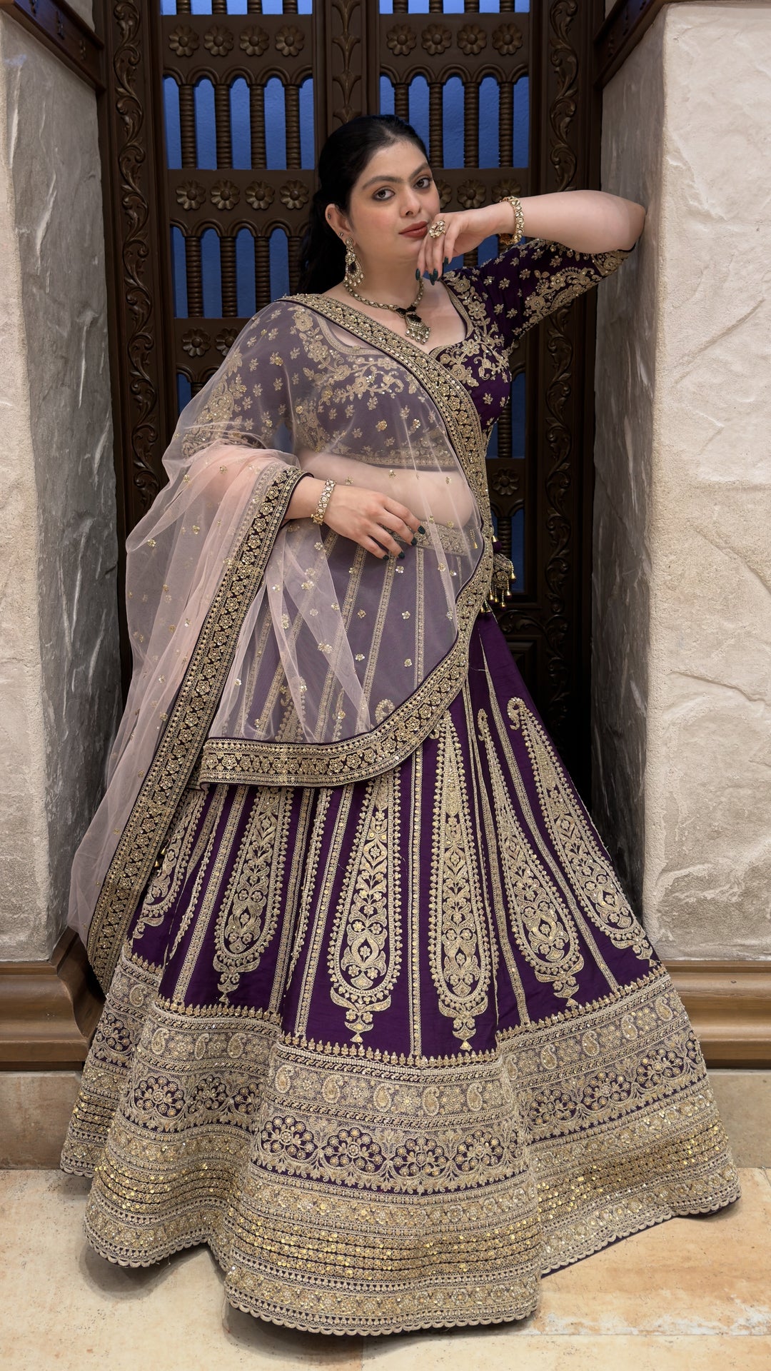 Royal Purple Embroidered Bridal Lehenga Set with Net Dupatta & Heavy Zari Work