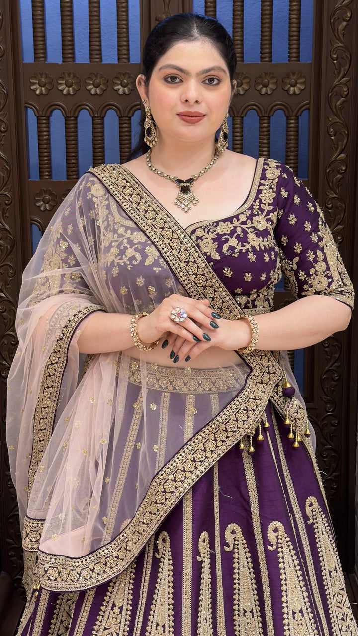 Royal Purple Embroidered Bridal Lehenga Set with Net Dupatta & Heavy Zari Work