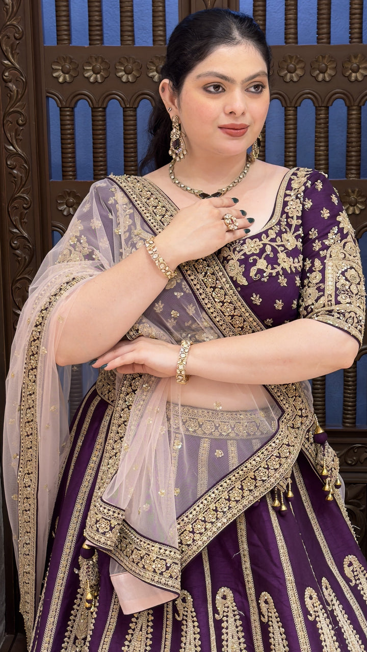 Royal Purple Embroidered Bridal Lehenga Set with Net Dupatta & Heavy Zari Work