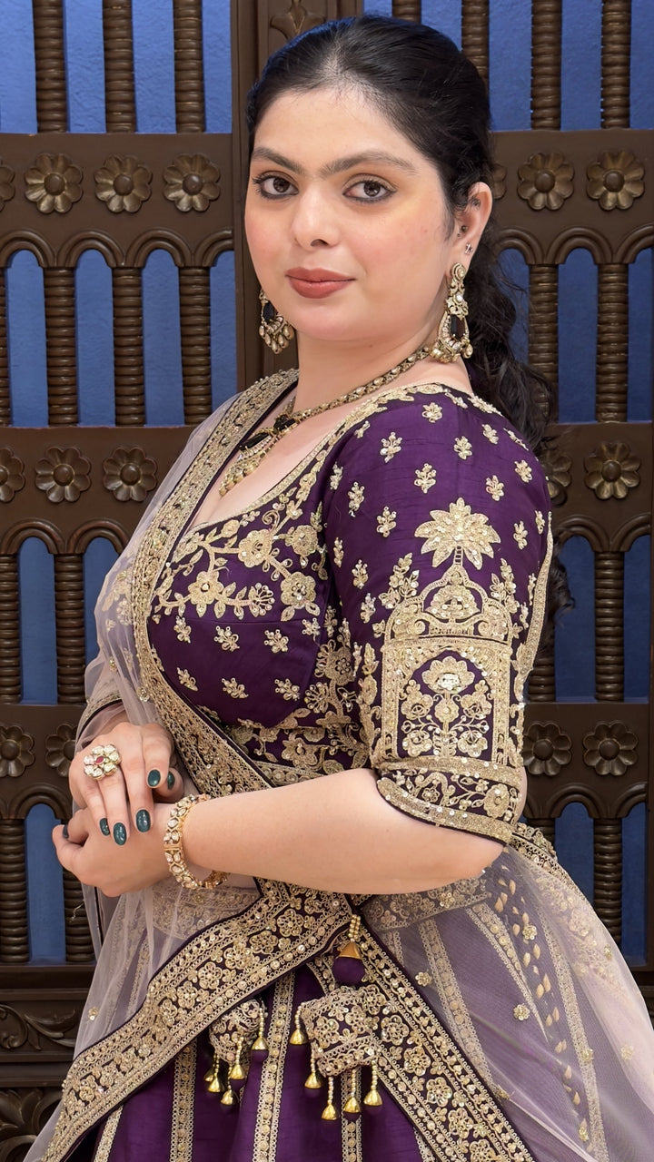 Royal Purple Embroidered Bridal Lehenga Set with Net Dupatta & Heavy Zari Work