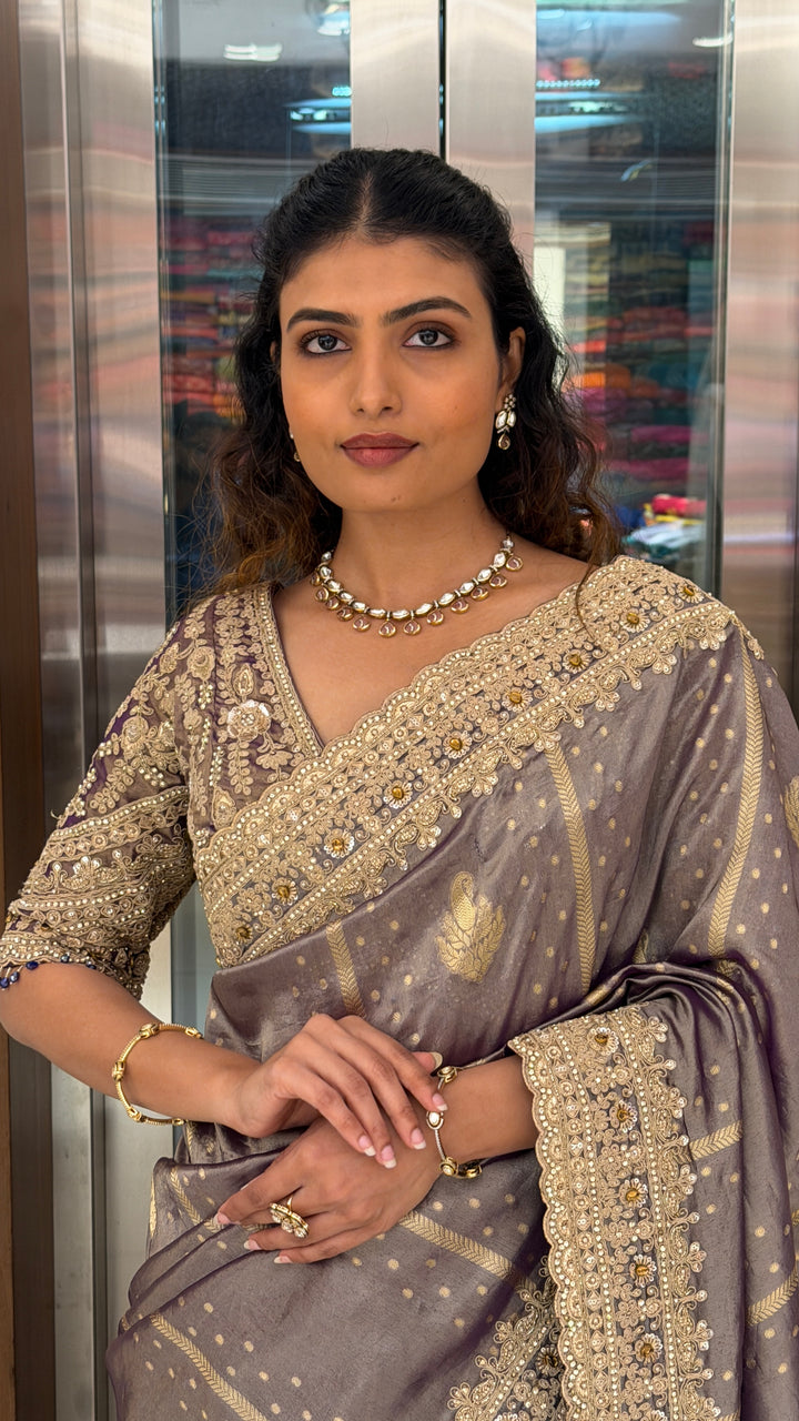 Mauve Handwork Saree with Designer Embroidered Blouse
