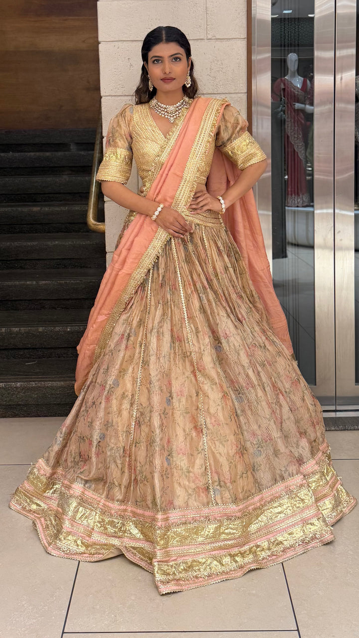 Peach & Gold Floral Printed Designer Lehenga Set with Dupatta