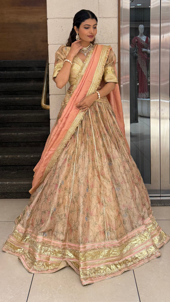Peach & Gold Floral Printed Designer Lehenga Set with Dupatta