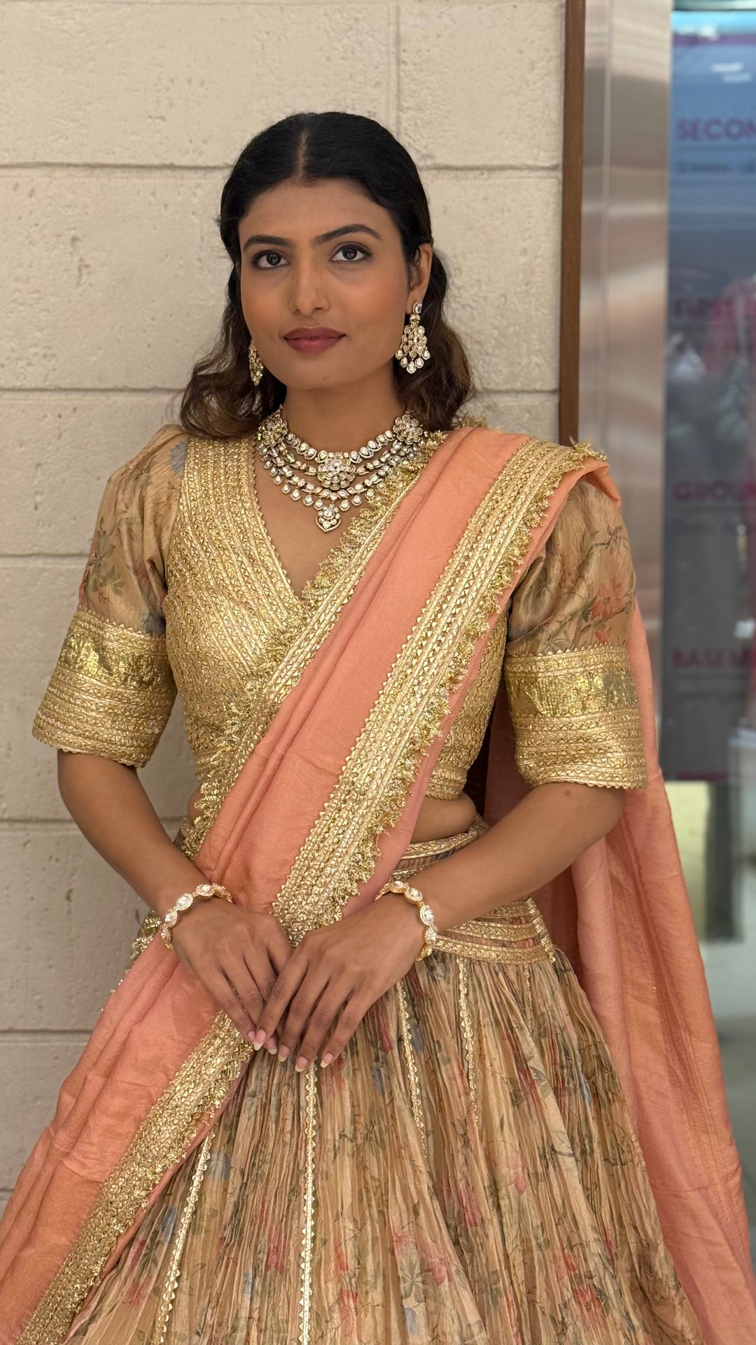 Peach & Gold Floral Printed Designer Lehenga Set with Dupatta