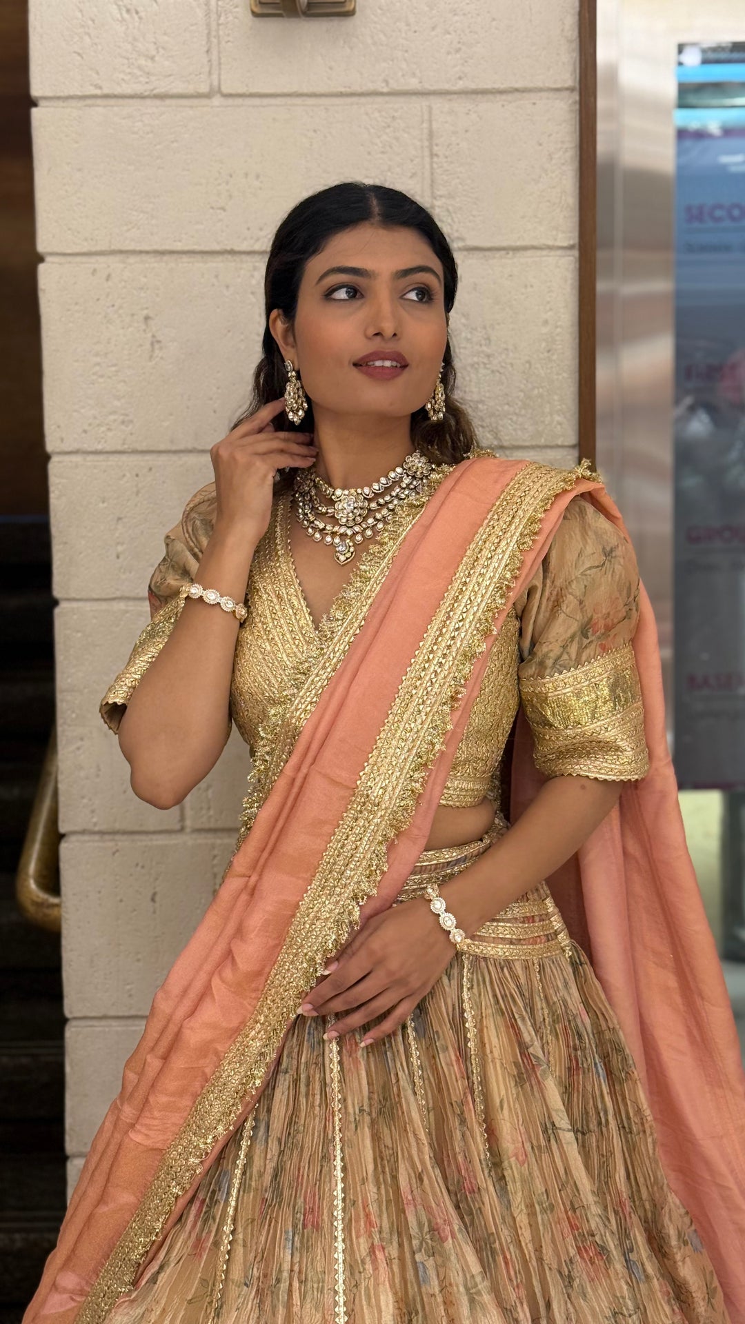 Peach & Gold Floral Printed Designer Lehenga Set with Dupatta