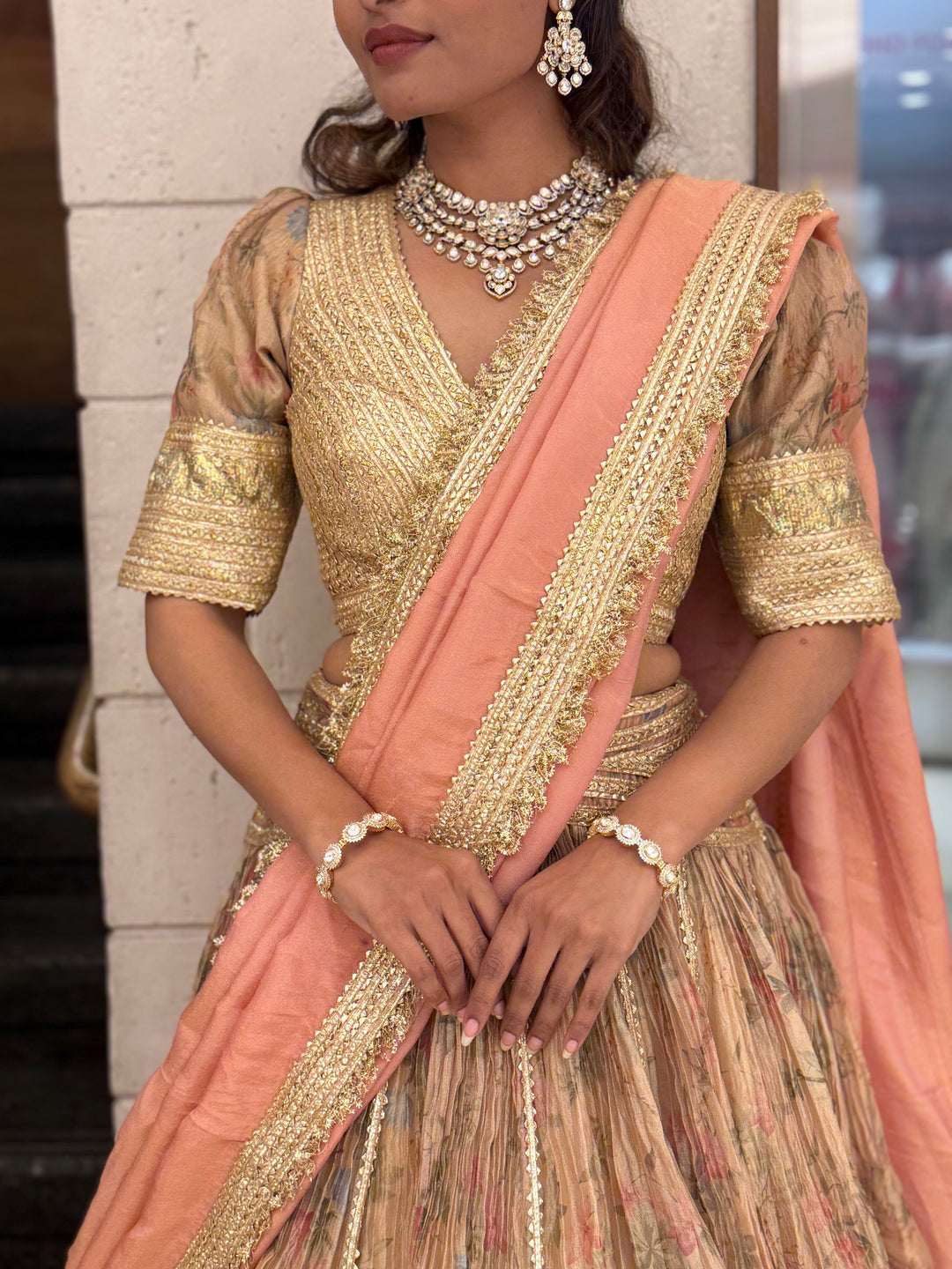 Peach & Gold Floral Printed Designer Lehenga Set with Dupatta