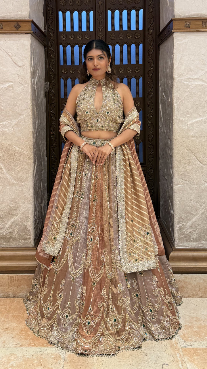 Antique Gold Heavy Embroidered Designer Lehenga Set with Halter Neck Blouse & Dupatta