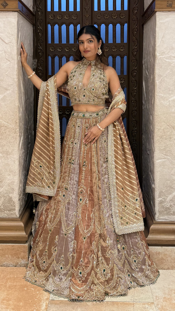 Antique Gold Heavy Embroidered Designer Lehenga Set with Halter Neck Blouse & Dupatta