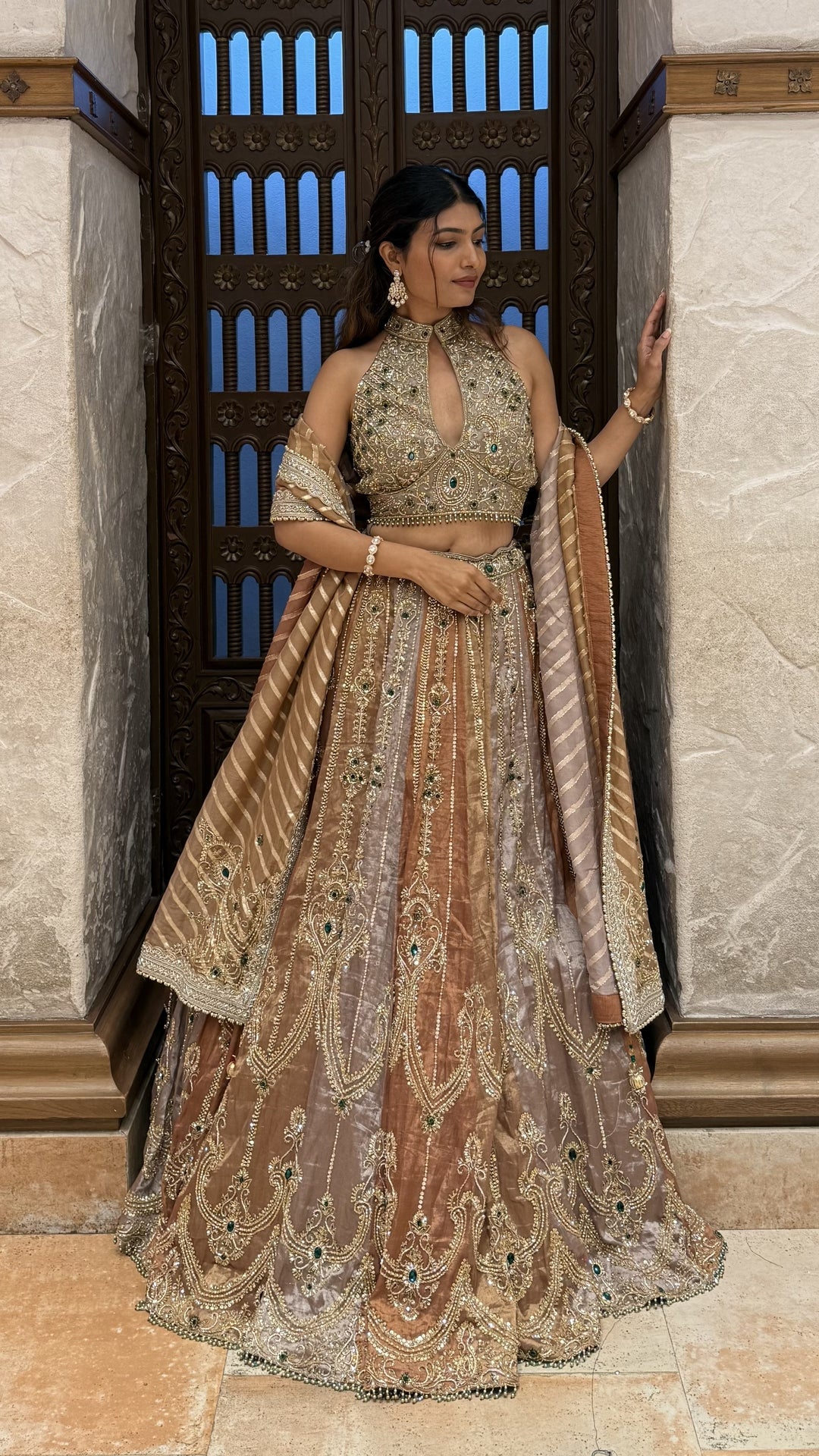 Antique Gold Heavy Embroidered Designer Lehenga Set with Halter Neck Blouse & Dupatta