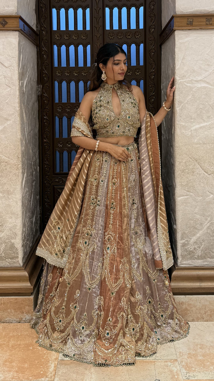 Antique Gold Heavy Embroidered Designer Lehenga Set with Halter Neck Blouse & Dupatta