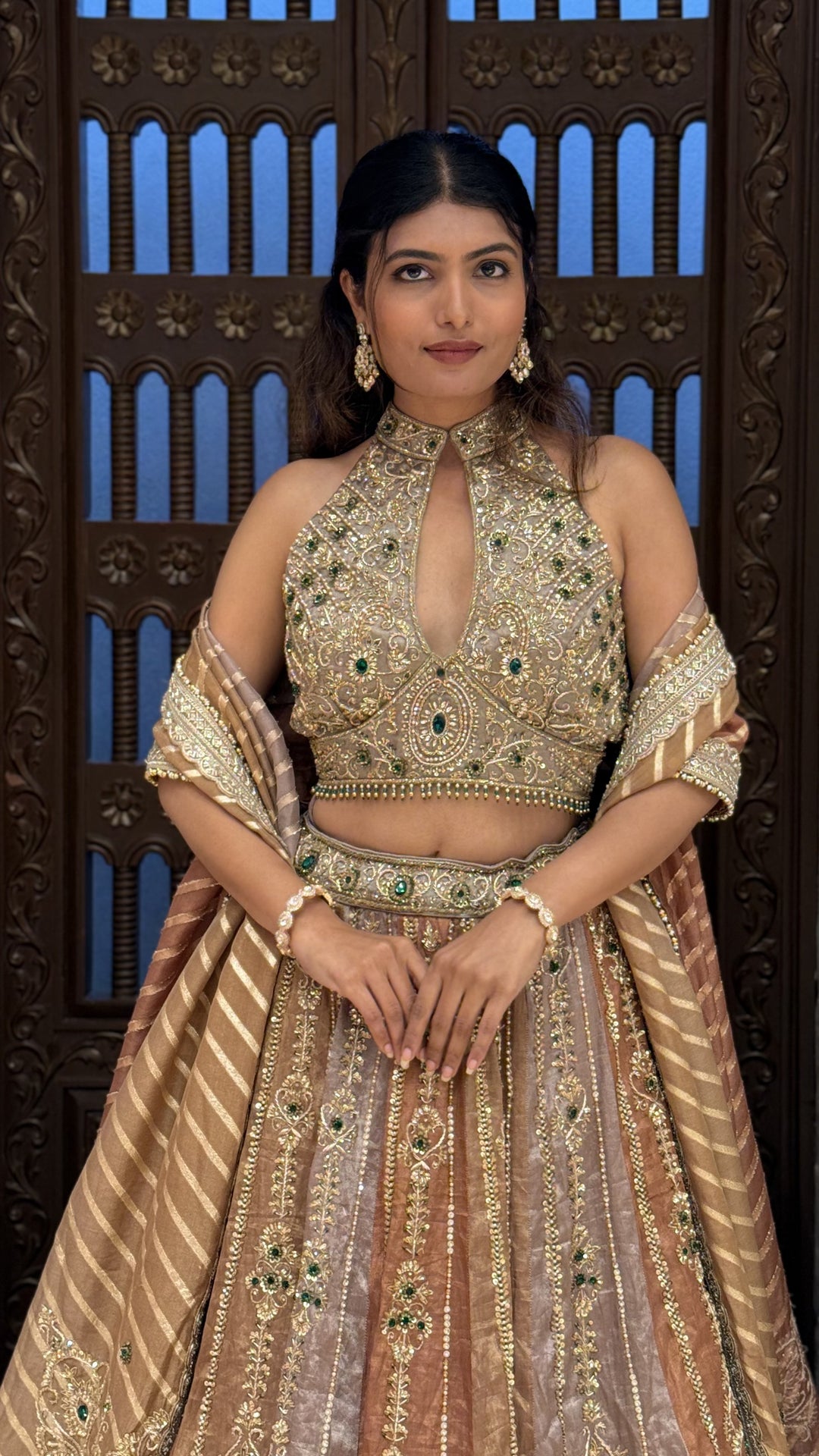 Antique Gold Heavy Embroidered Designer Lehenga Set with Halter Neck Blouse & Dupatta