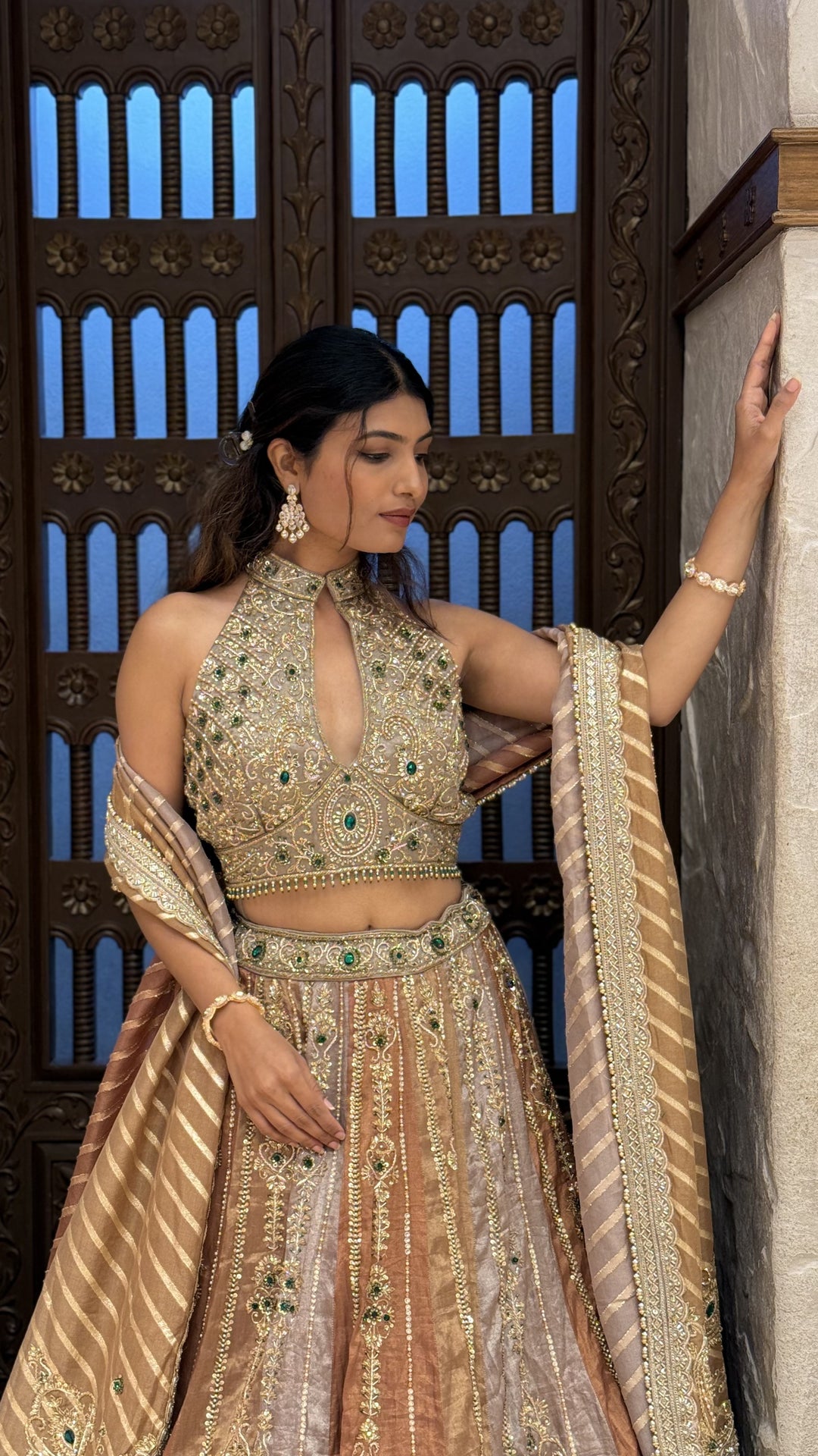 Antique Gold Heavy Embroidered Designer Lehenga Set with Halter Neck Blouse & Dupatta