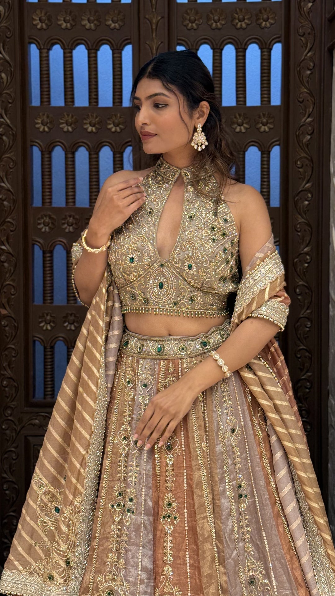 Antique Gold Heavy Embroidered Designer Lehenga Set with Halter Neck Blouse & Dupatta