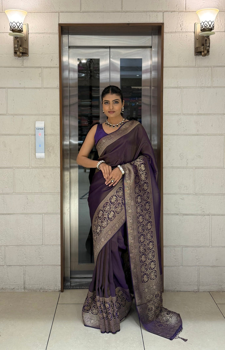 Majestic Plum Kanjivaram Silk Saree with Antique Zari Border & Traditional Motifs