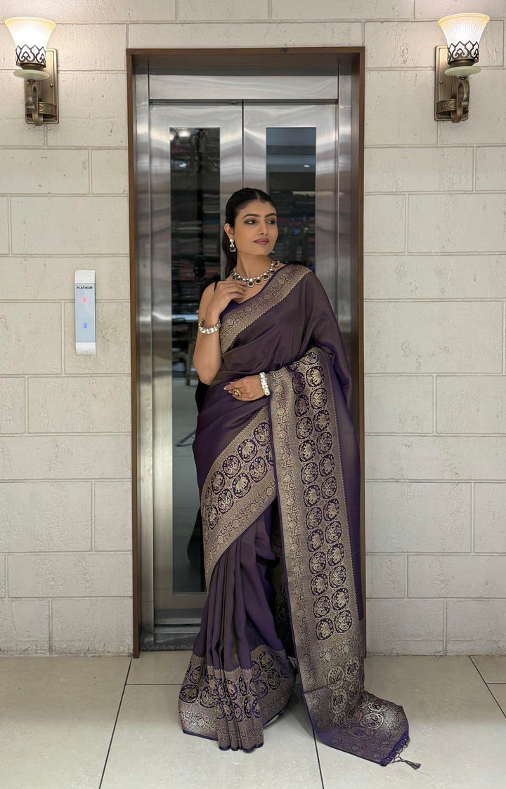 Majestic Plum Kanjivaram Silk Saree with Antique Zari Border & Traditional Motifs