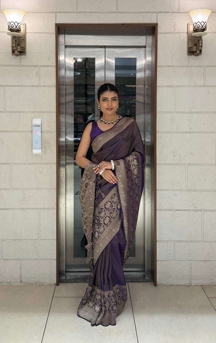 Majestic Plum Kanjivaram Silk Saree with Antique Zari Border & Traditional Motifs