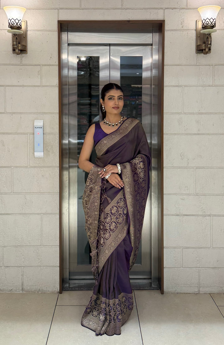 Majestic Plum Kanjivaram Silk Saree with Antique Zari Border & Traditional Motifs