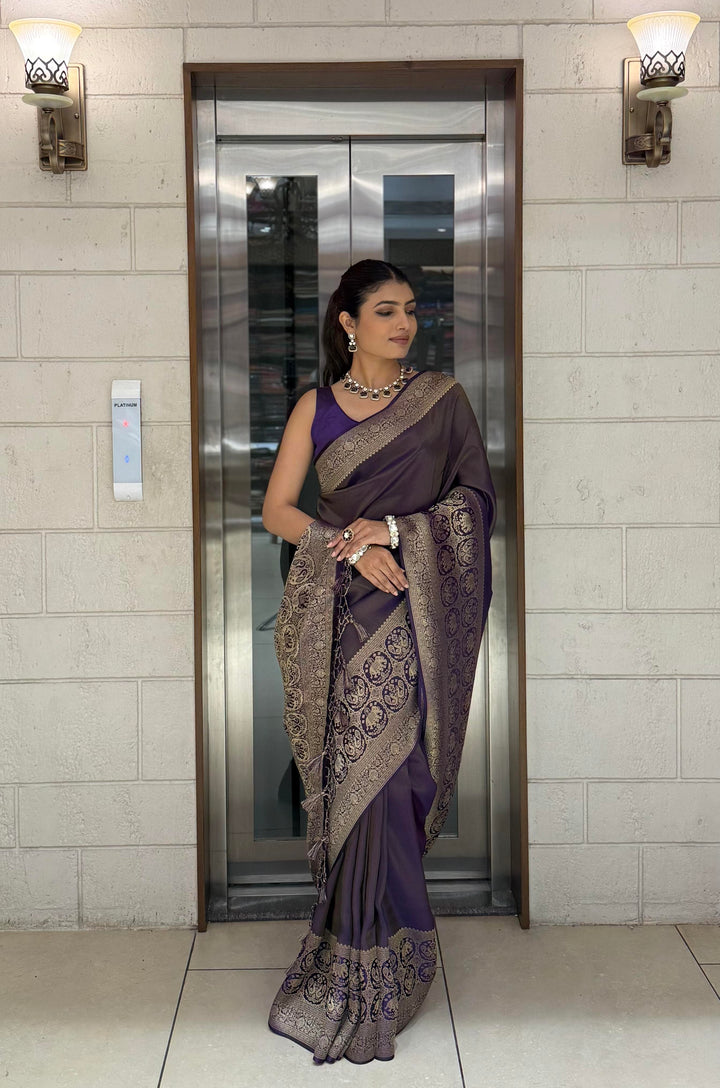 Majestic Plum Kanjivaram Silk Saree with Antique Zari Border & Traditional Motifs