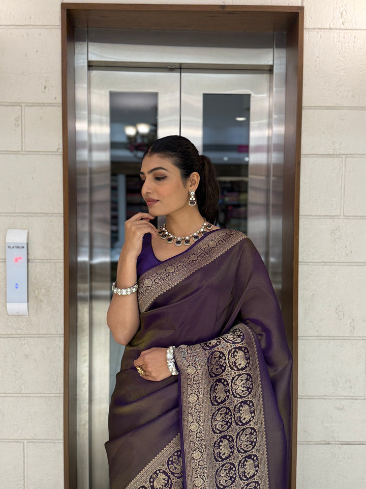 Majestic Plum Kanjivaram Silk Saree with Antique Zari Border & Traditional Motifs