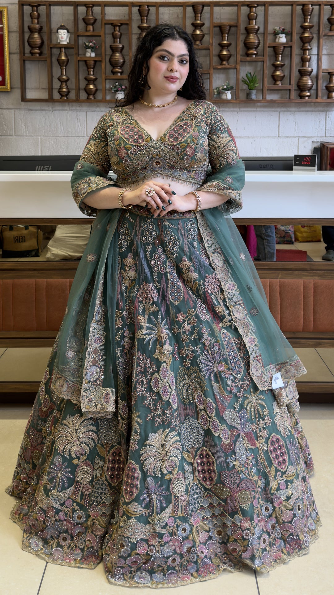 Dusty Teal Bridal Lehenga Set with Intricate Multi-Thread Embroidery & Net Dupatta