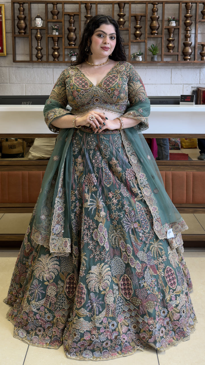 Dusty Teal Bridal Lehenga Set with Intricate Multi-Thread Embroidery & Net Dupatta