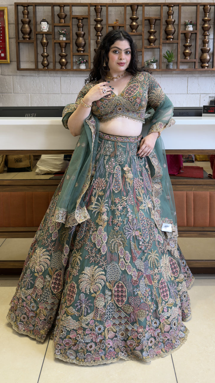 Dusty Teal Bridal Lehenga Set with Intricate Multi-Thread Embroidery & Net Dupatta