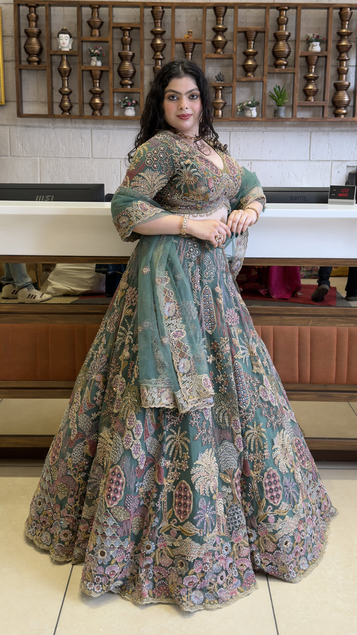 Dusty Teal Bridal Lehenga Set with Intricate Multi-Thread Embroidery & Net Dupatta