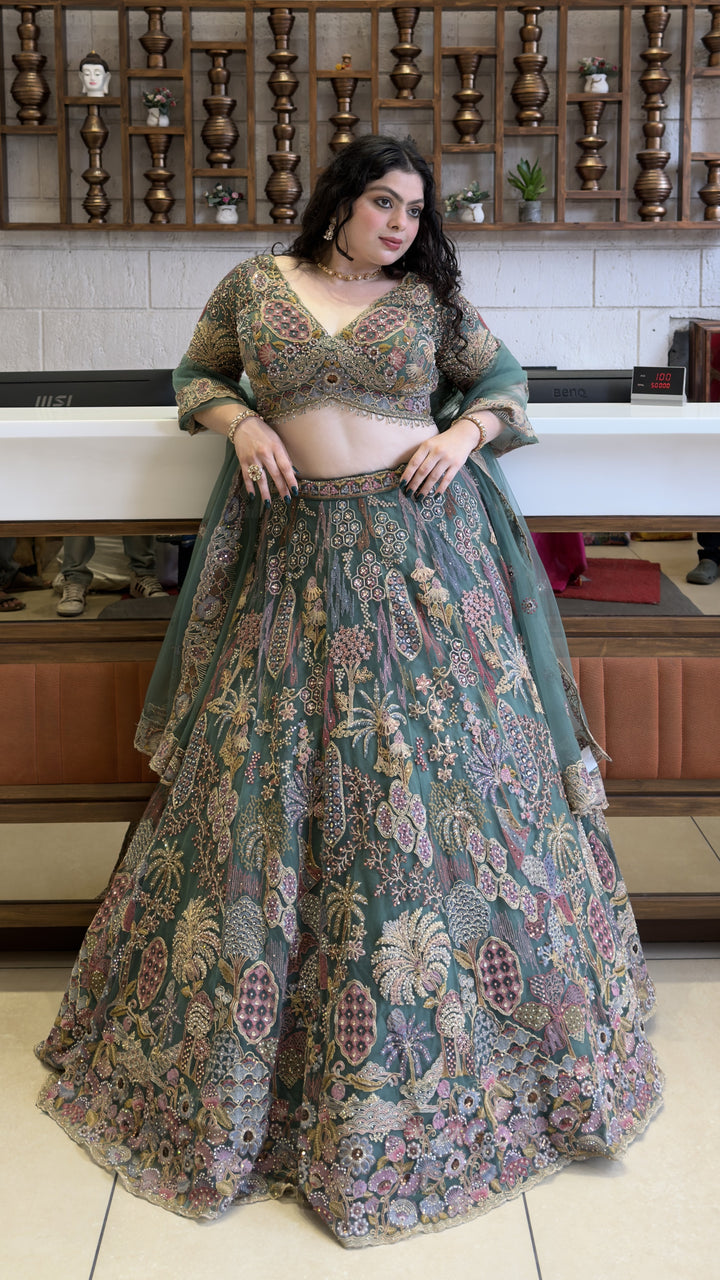 Dusty Teal Bridal Lehenga Set with Intricate Multi-Thread Embroidery & Net Dupatta