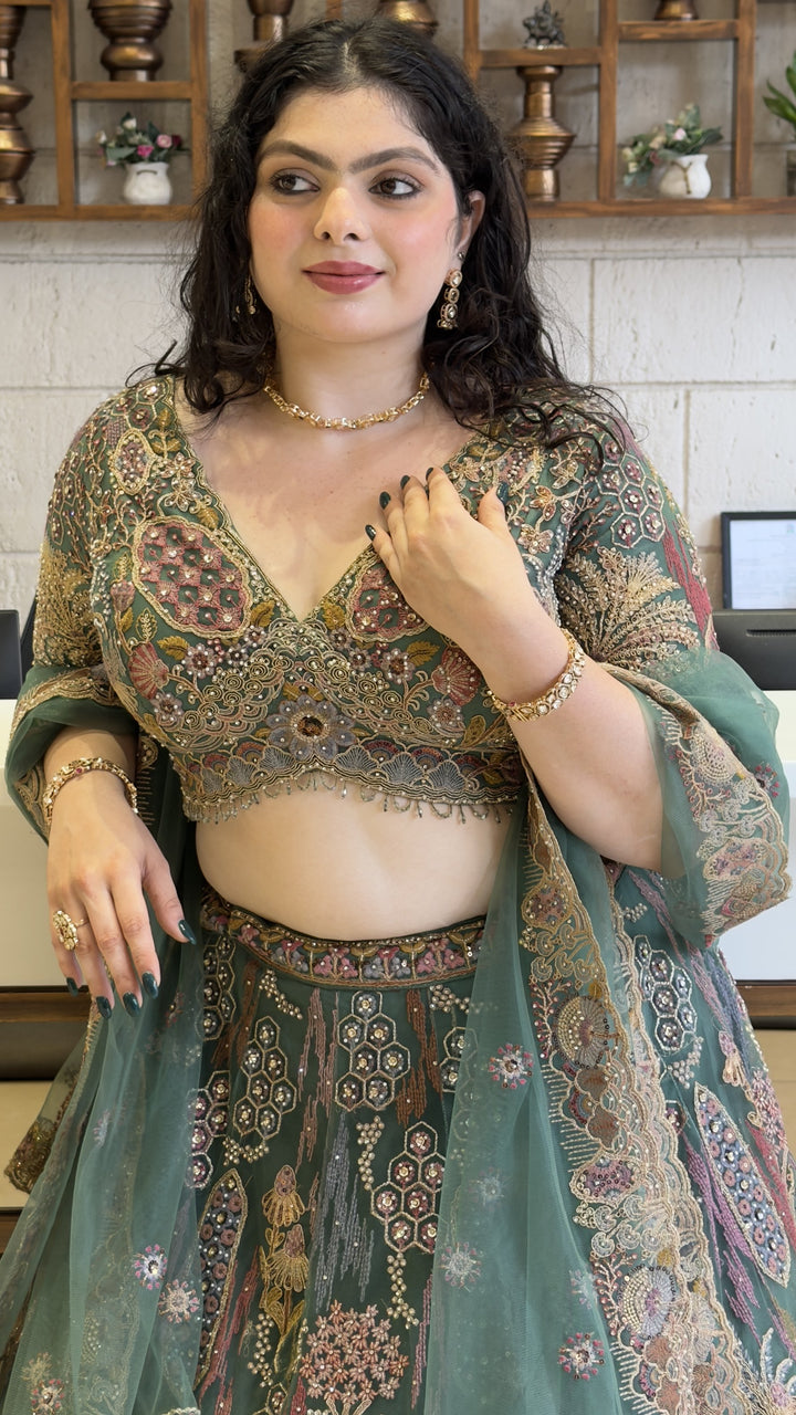 Dusty Teal Bridal Lehenga Set with Intricate Multi-Thread Embroidery & Net Dupatta