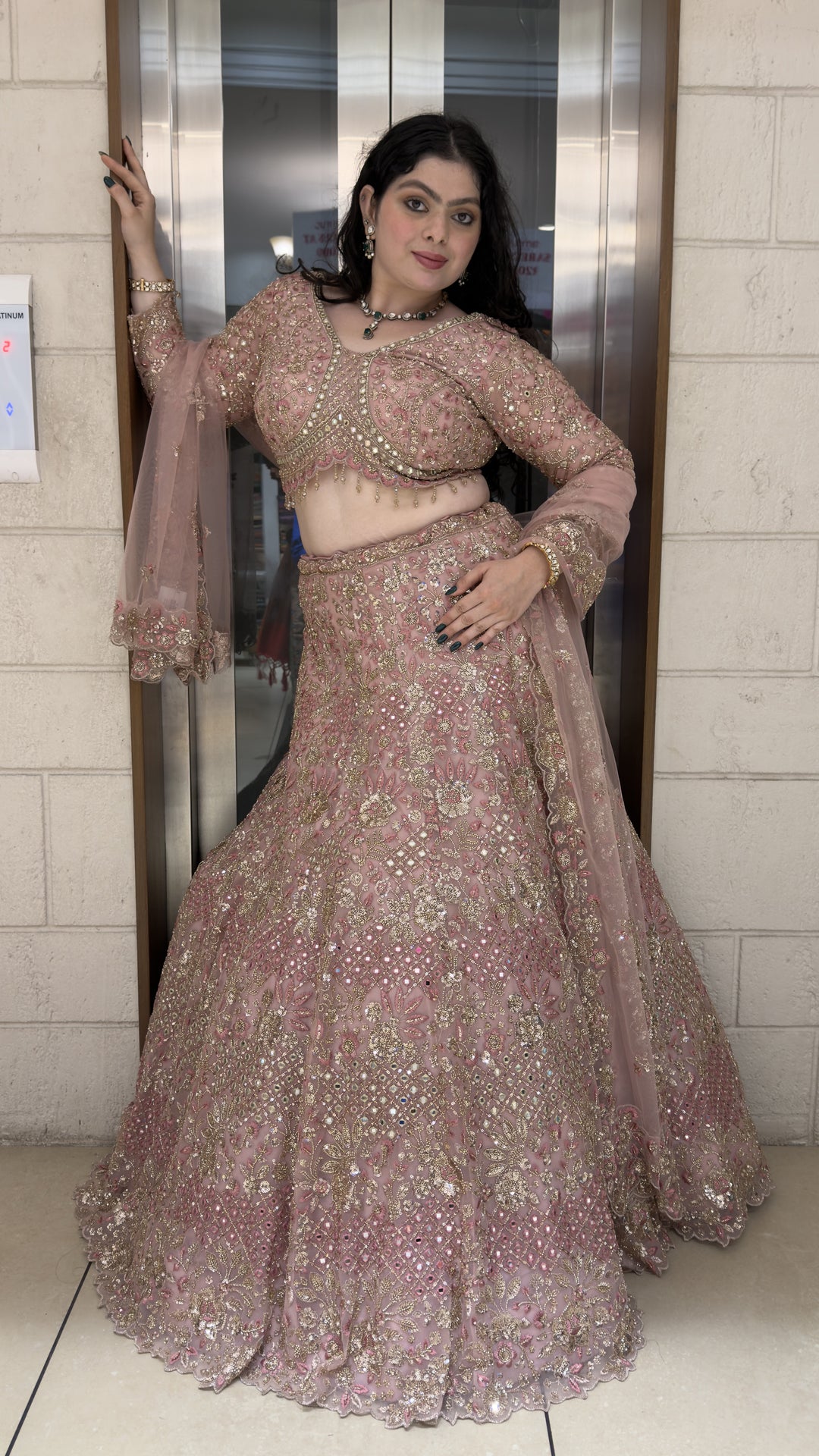 Blush Pink Bridal Lehenga Set with Heavy Zari Embroidery & Net Dupatta